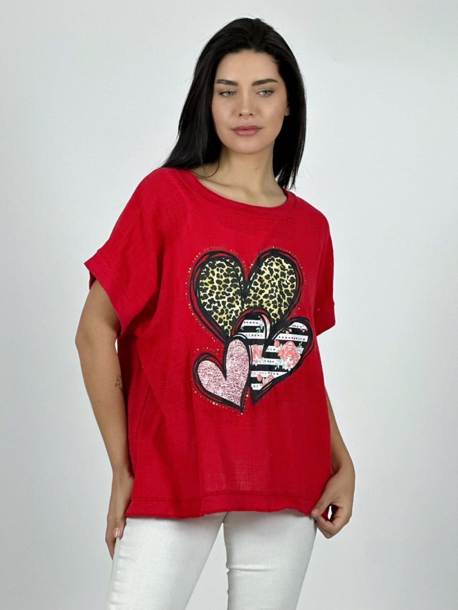 Polera Lino triple Corazon Print con Brillos A1-291
