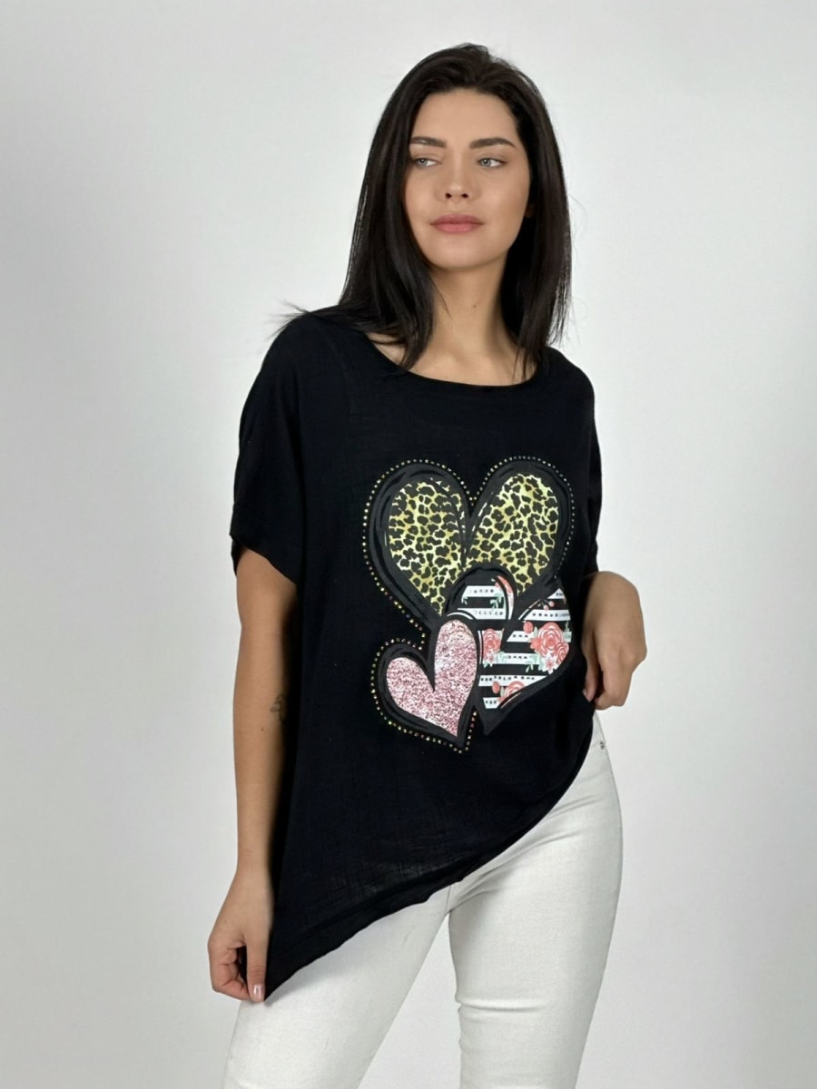 Polera Lino triple Corazon Print con Brillos A1-295