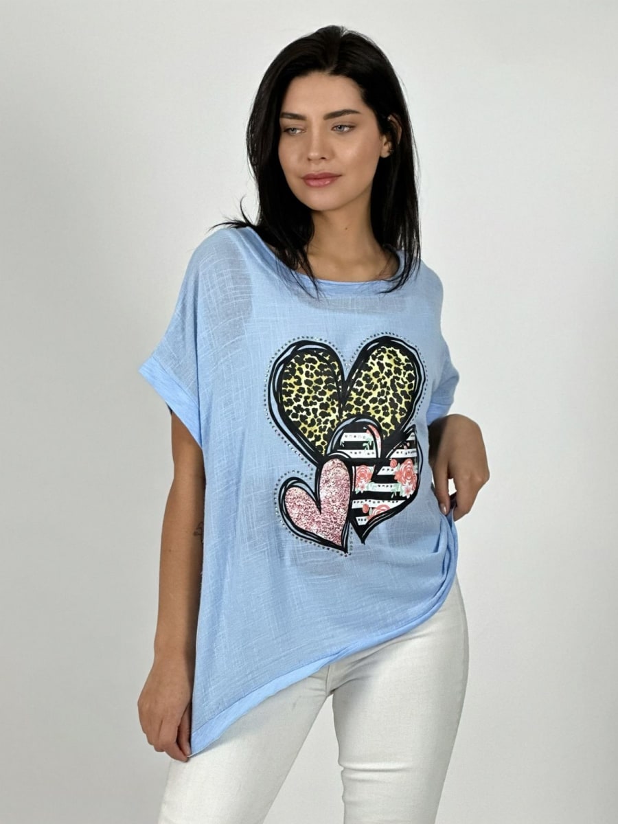 Polera Lino triple Corazon Print con Brillos A1-2911