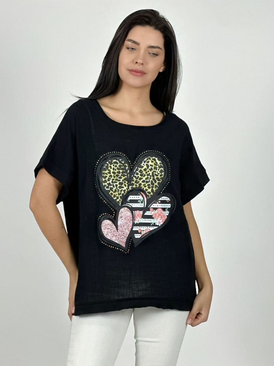 Polera Lino triple Corazon Print con Brillos A1-294