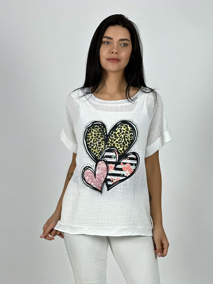 Polera Lino triple Corazon Print con Brillos A1-297