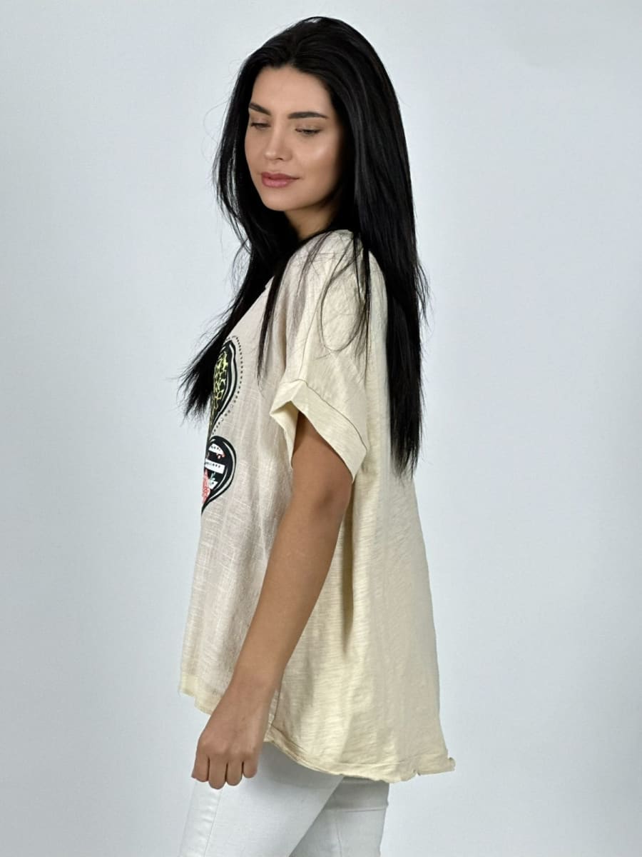 Polera Lino triple Corazon Print con Brillos A1-2915