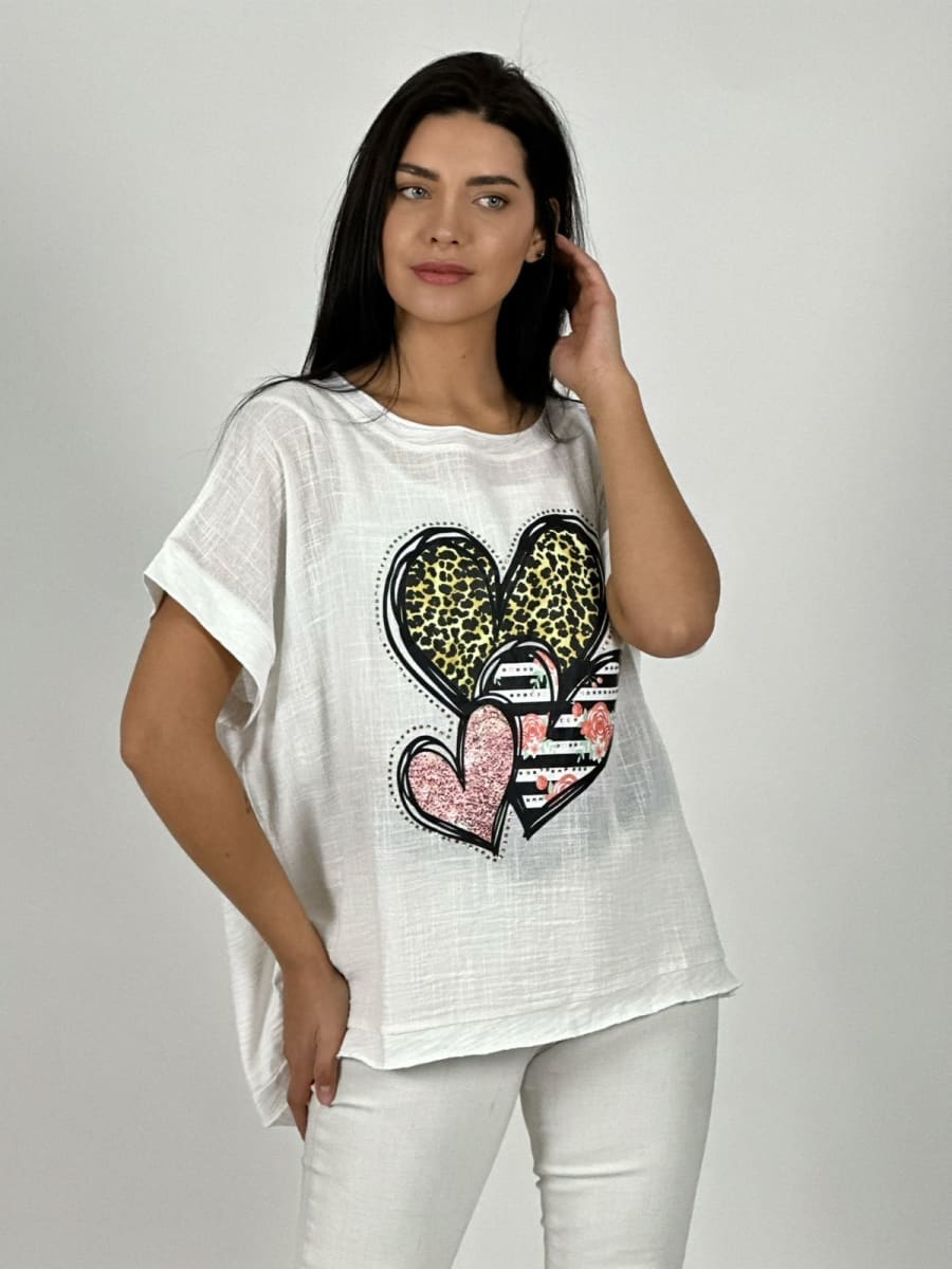 Polera Lino triple Corazon Print con Brillos A1-298