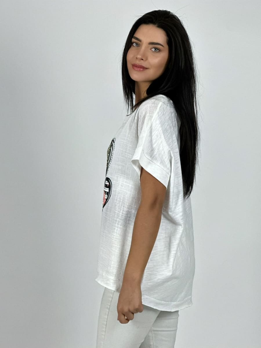 Polera Lino triple Corazon Print con Brillos A1-299
