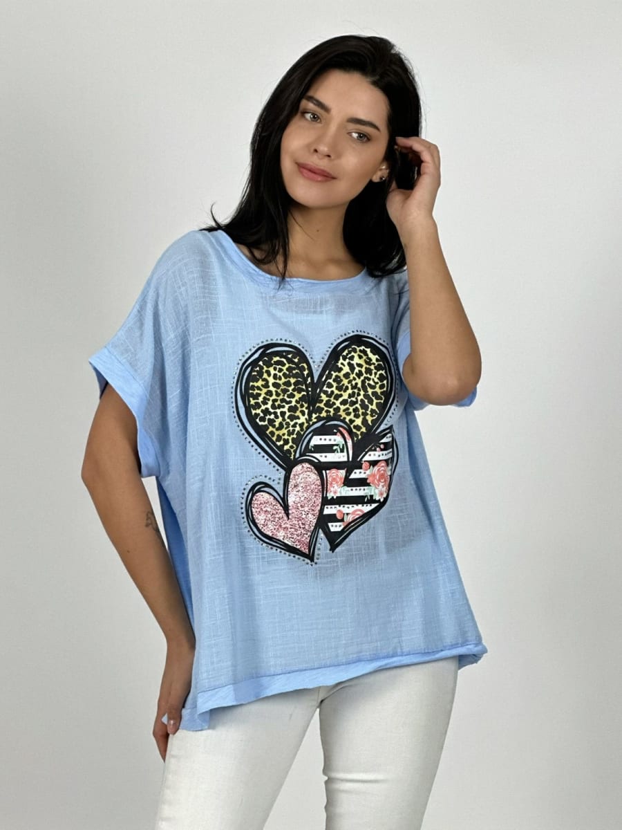 Polera Lino triple Corazon Print con Brillos A1-2910
