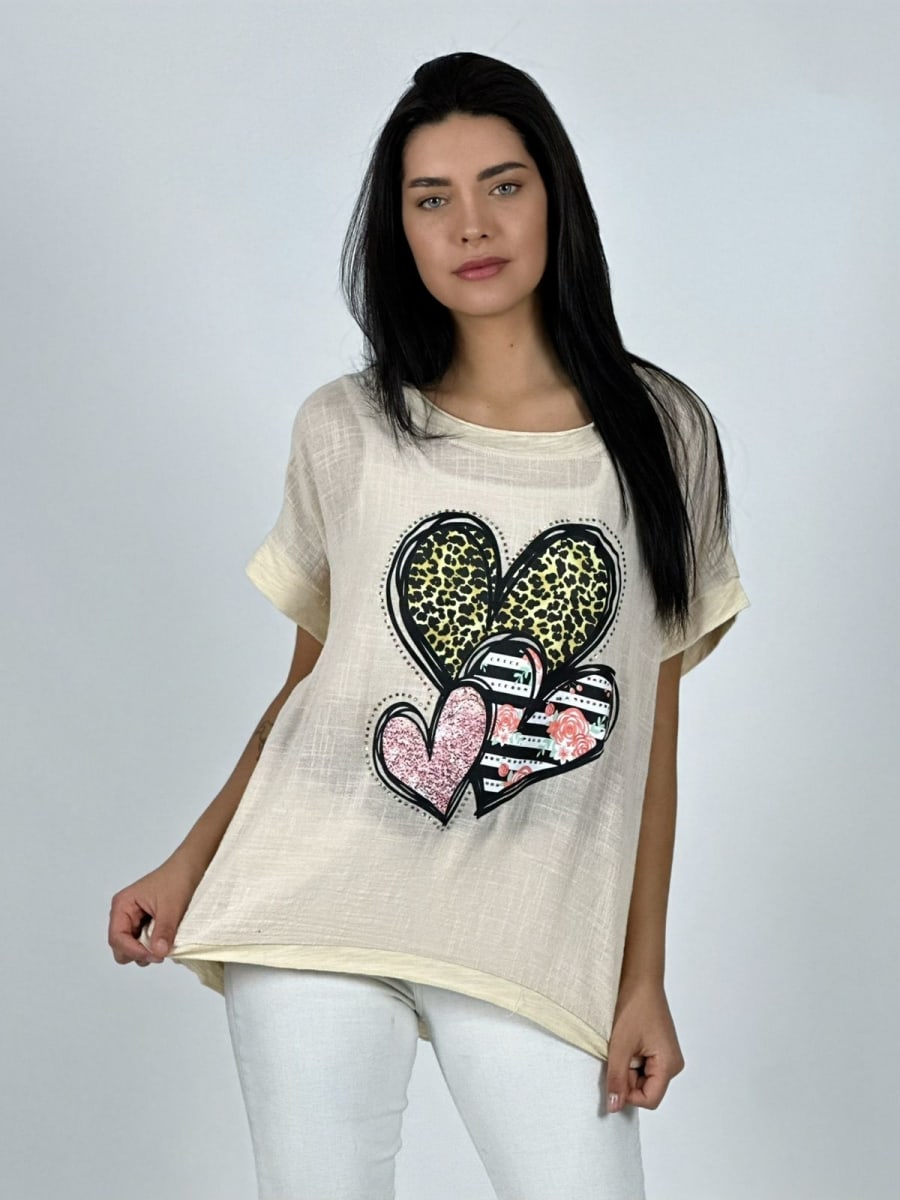 Polera Lino triple Corazon Print con Brillos A1-2913