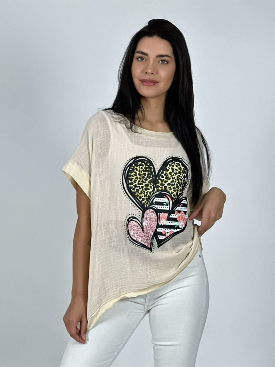 Polera Lino triple Corazon Print con Brillos A1-2914