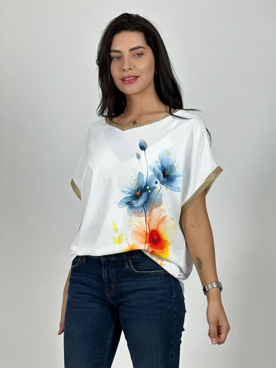 Polera Bordes Brillantes Flores Sublimadas A2-624