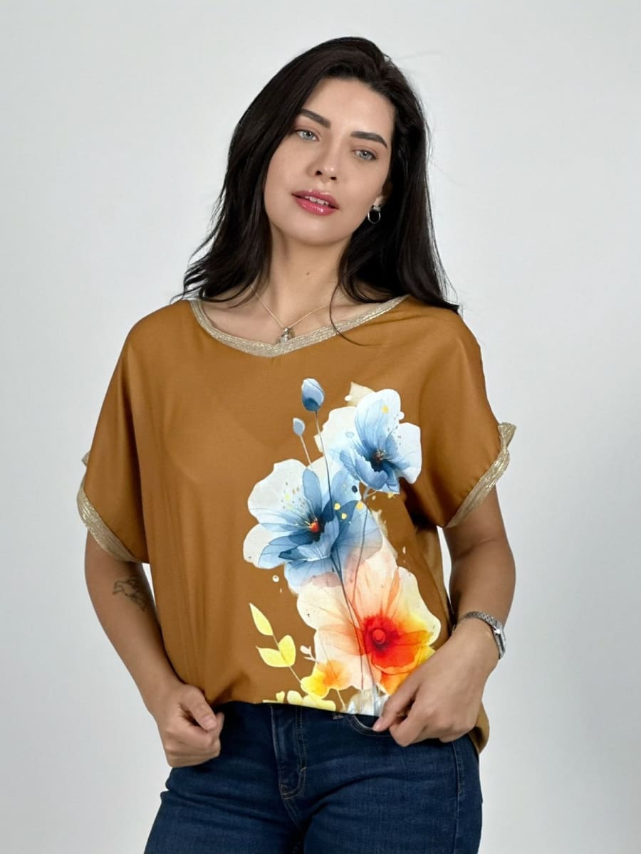 Polera Bordes Brillantes Flores Sublimadas A2-629