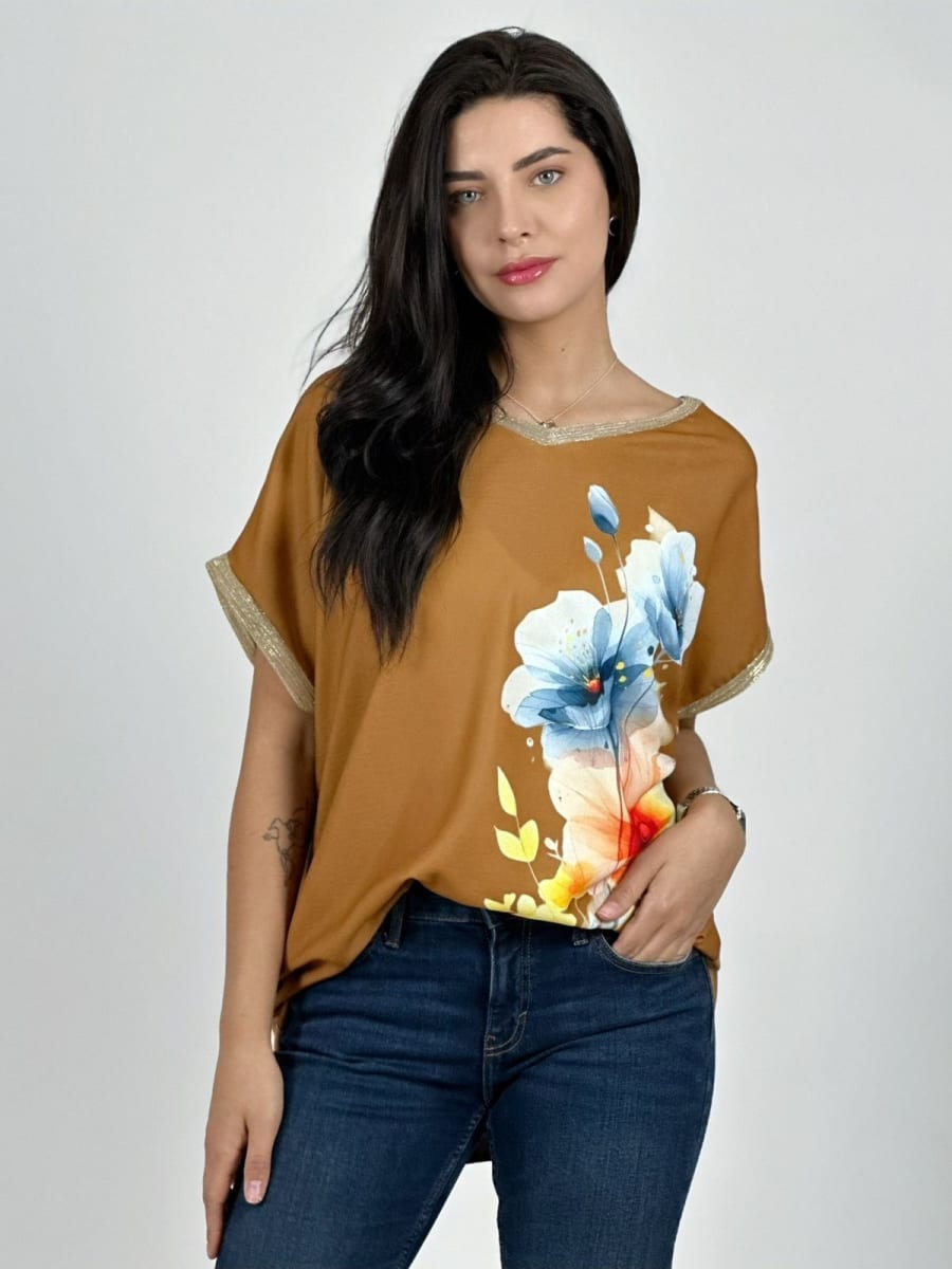 Polera Bordes Brillantes Flores Sublimadas A2-628