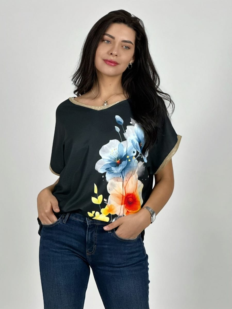 Polera Bordes Brillantes Flores Sublimadas A2-6211