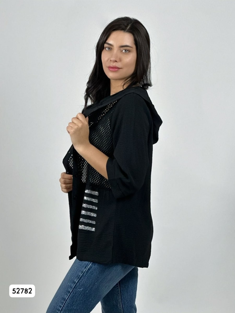 Blusa Lino Torso Broderi con Capucha y Brillos A2-623