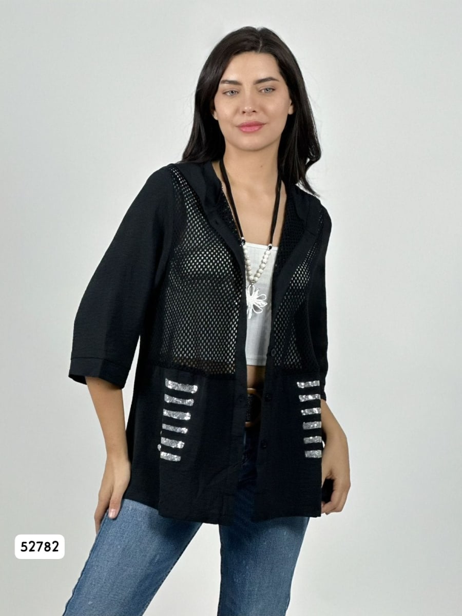 Blusa Lino Torso Broderi con Capucha y Brillos A2-621