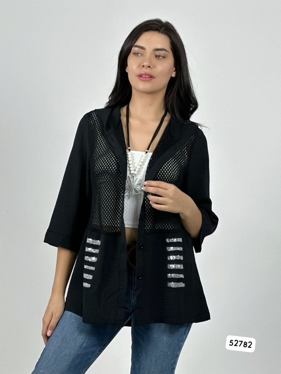 Blusa Lino Torso Broderi con Capucha y Brillos A2-622