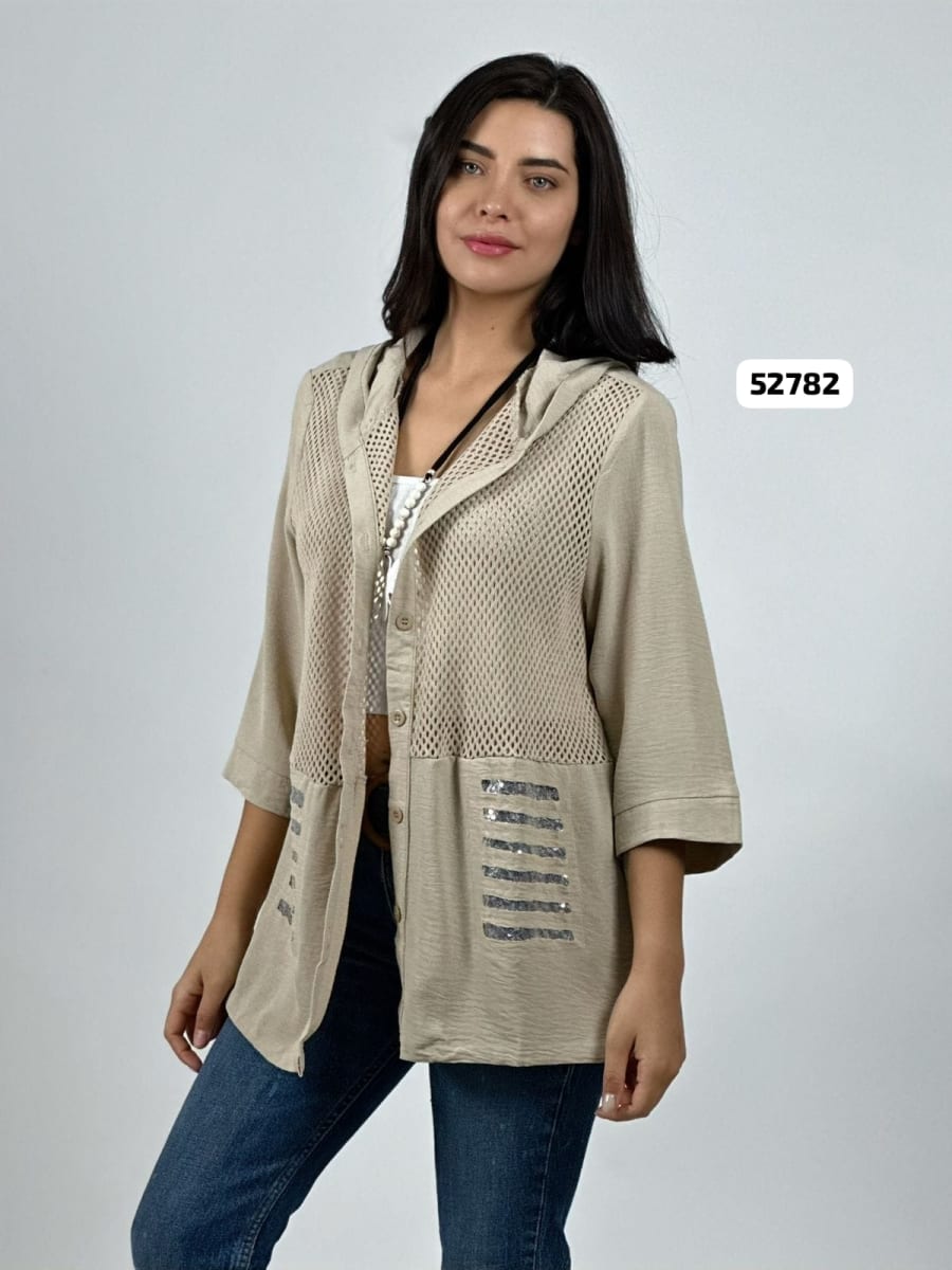 Blusa Lino Torso Broderi con Capucha y Brillos A2-627