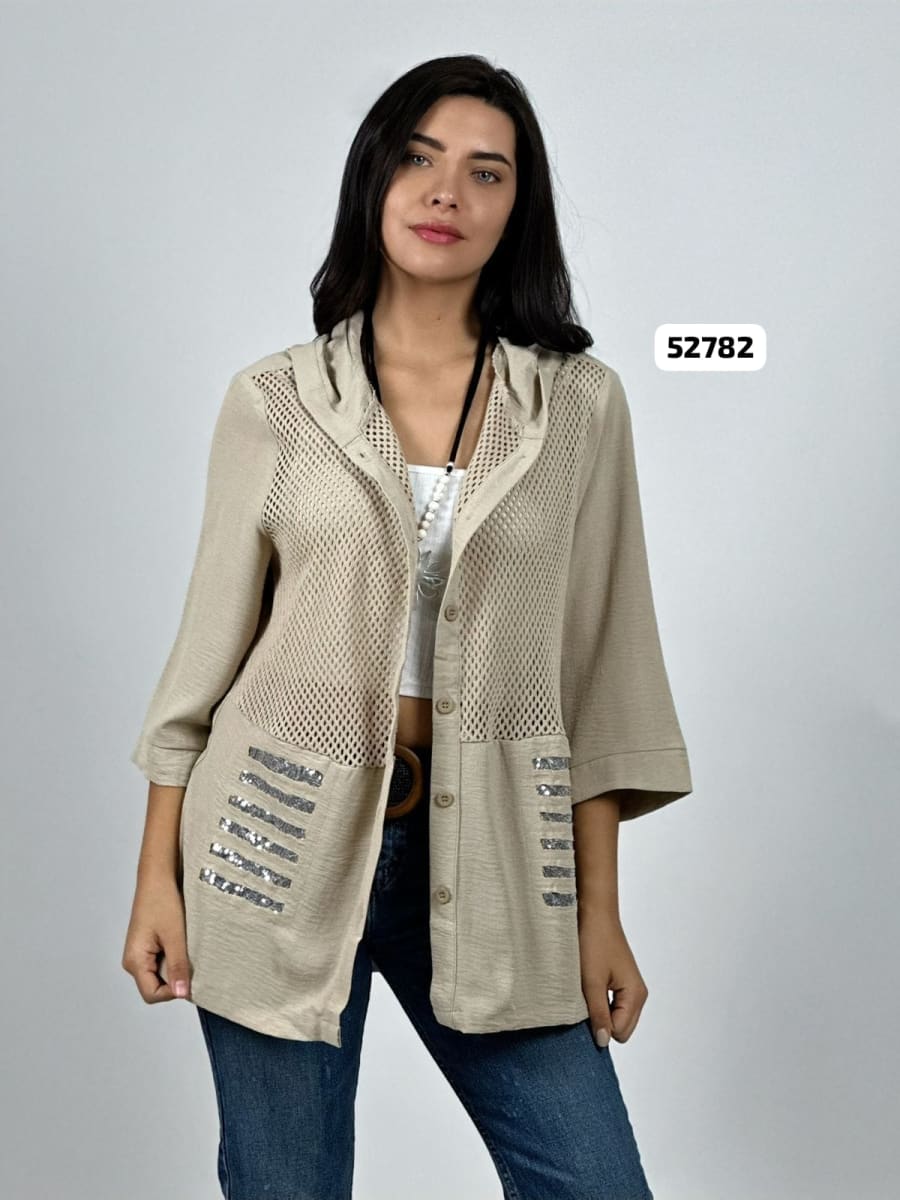 Blusa Lino Torso Broderi con Capucha y Brillos A2-626