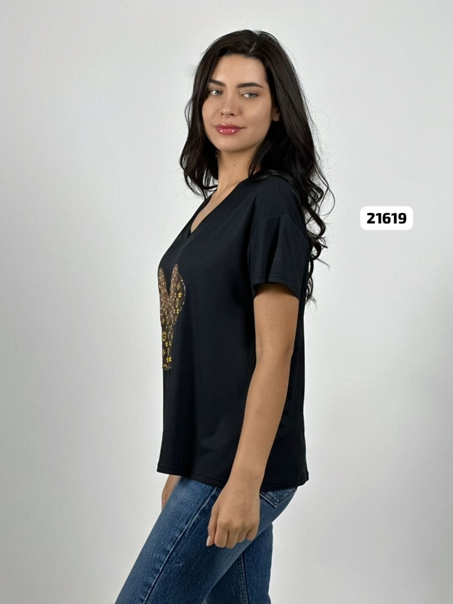 Polera Algodon Minnie Moño Print con Brillos A4-879