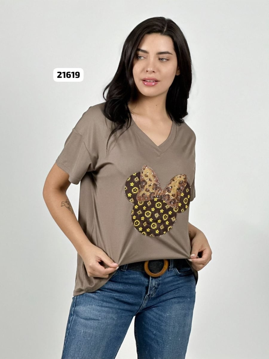 Polera Algodon Minnie Moño Print con Brillos A4-874