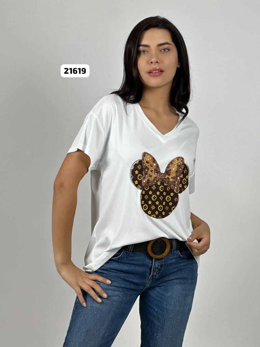Polera Algodon Minnie Moño Print con Brillos A4-8710