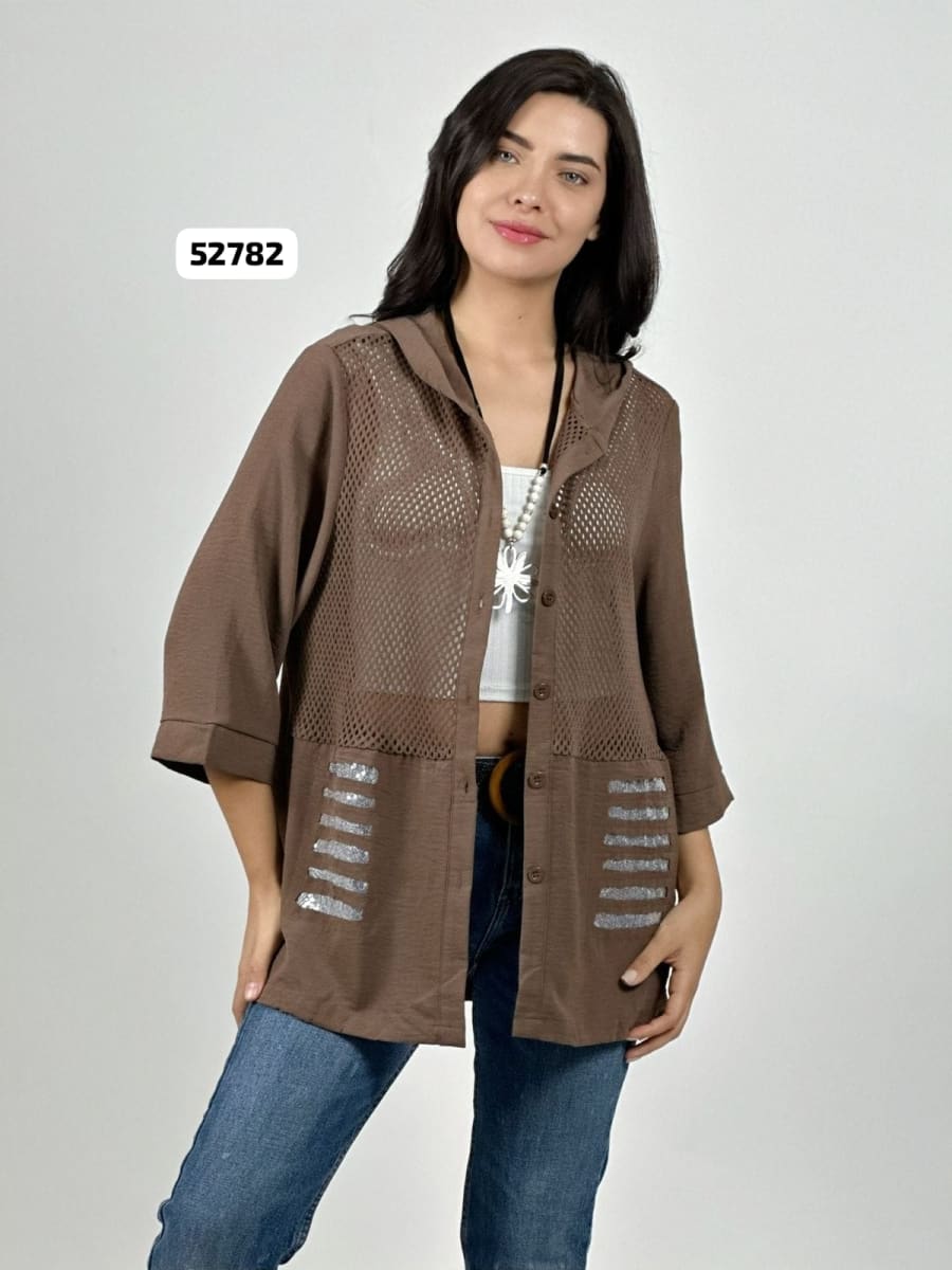 Blusa Lino Torso Broderi con Capucha y Brillos A2-624