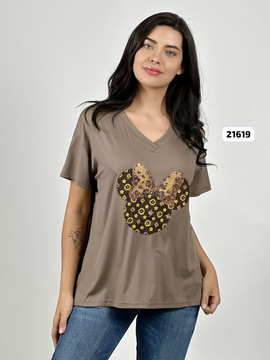 Polera Algodon Minnie Moño Print con Brillos A4-876