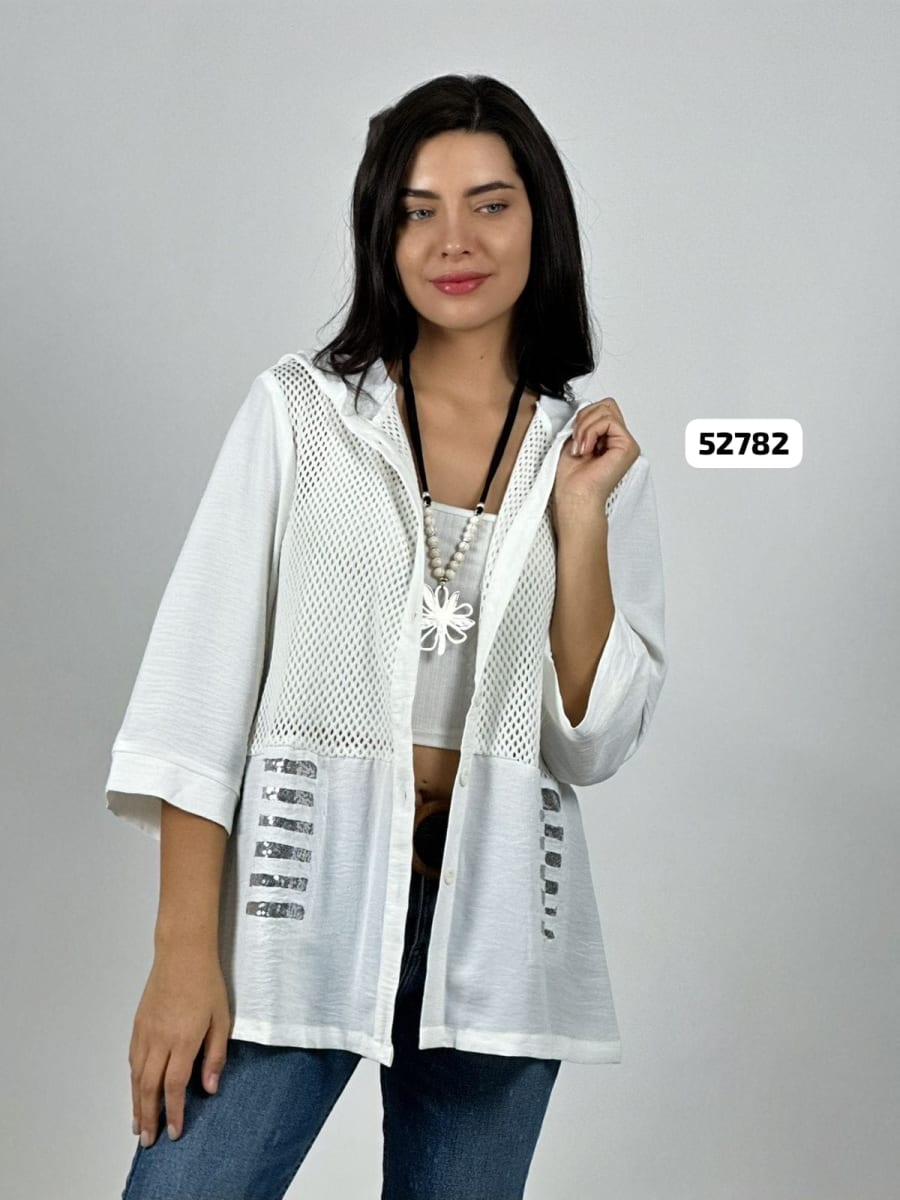 Blusa Lino Torso Broderi con Capucha y Brillos A2-629