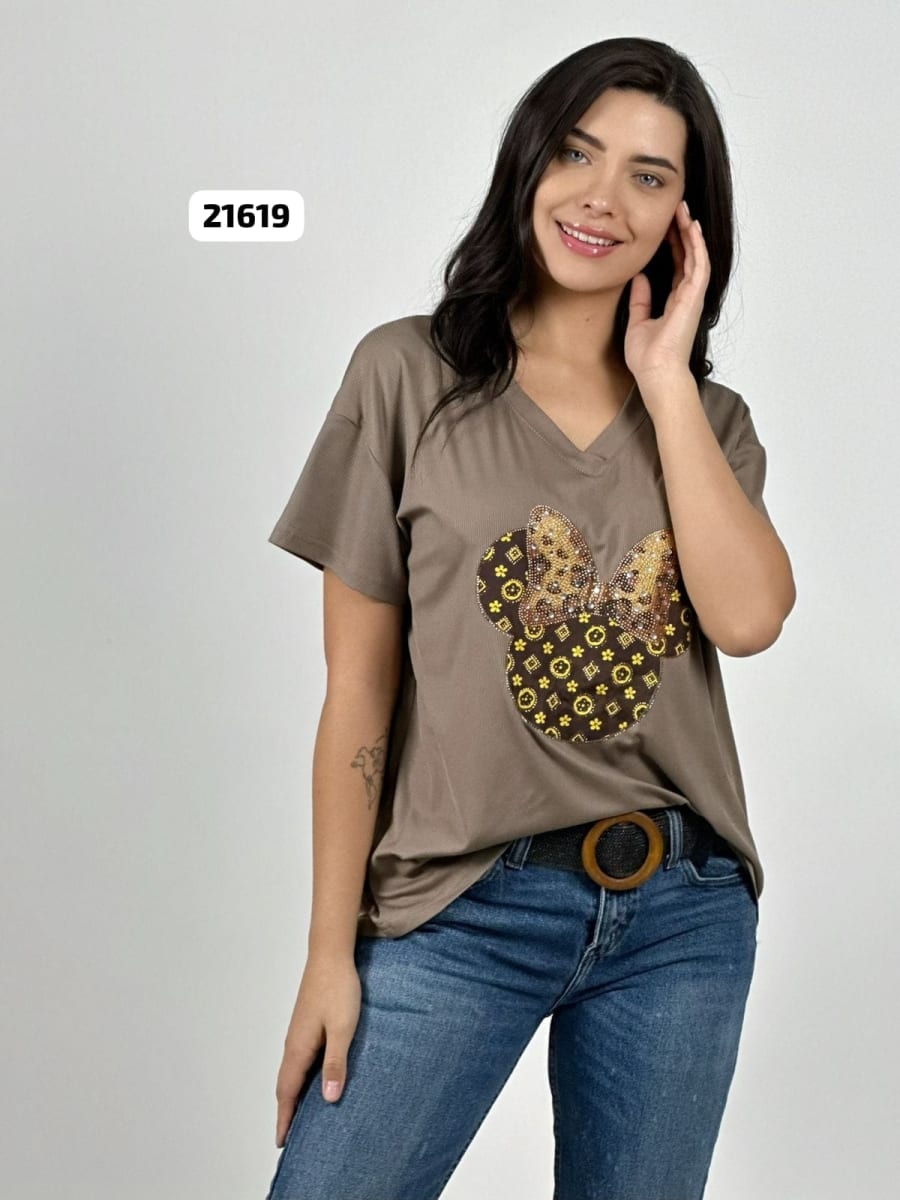 Polera Algodon Minnie Moño Print con Brillos A4-875