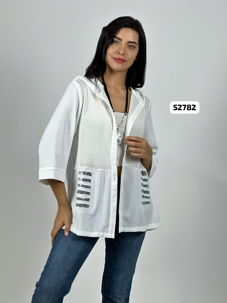 Blusa Lino Torso Broderi con Capucha y Brillos A2-6210