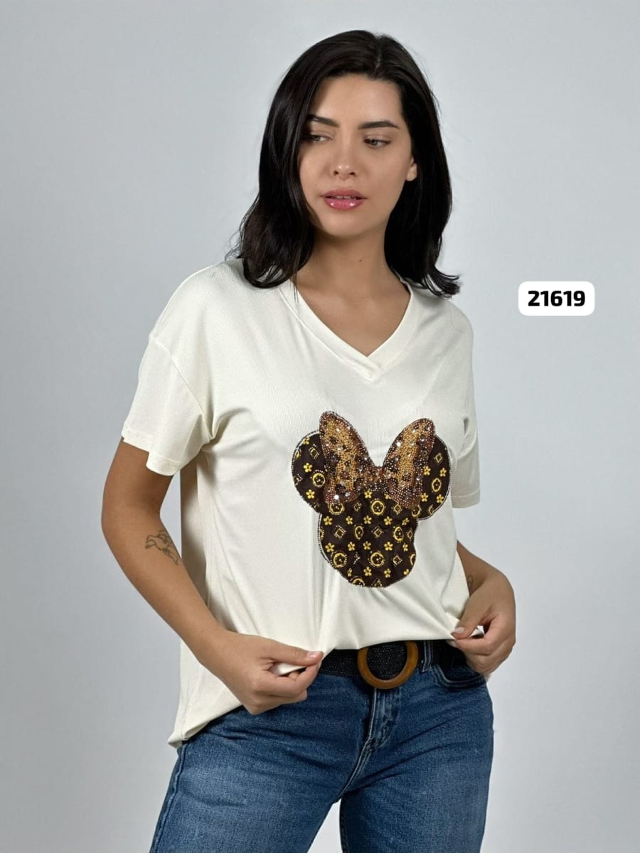 Polera Algodon Minnie Moño Print con Brillos A4-872