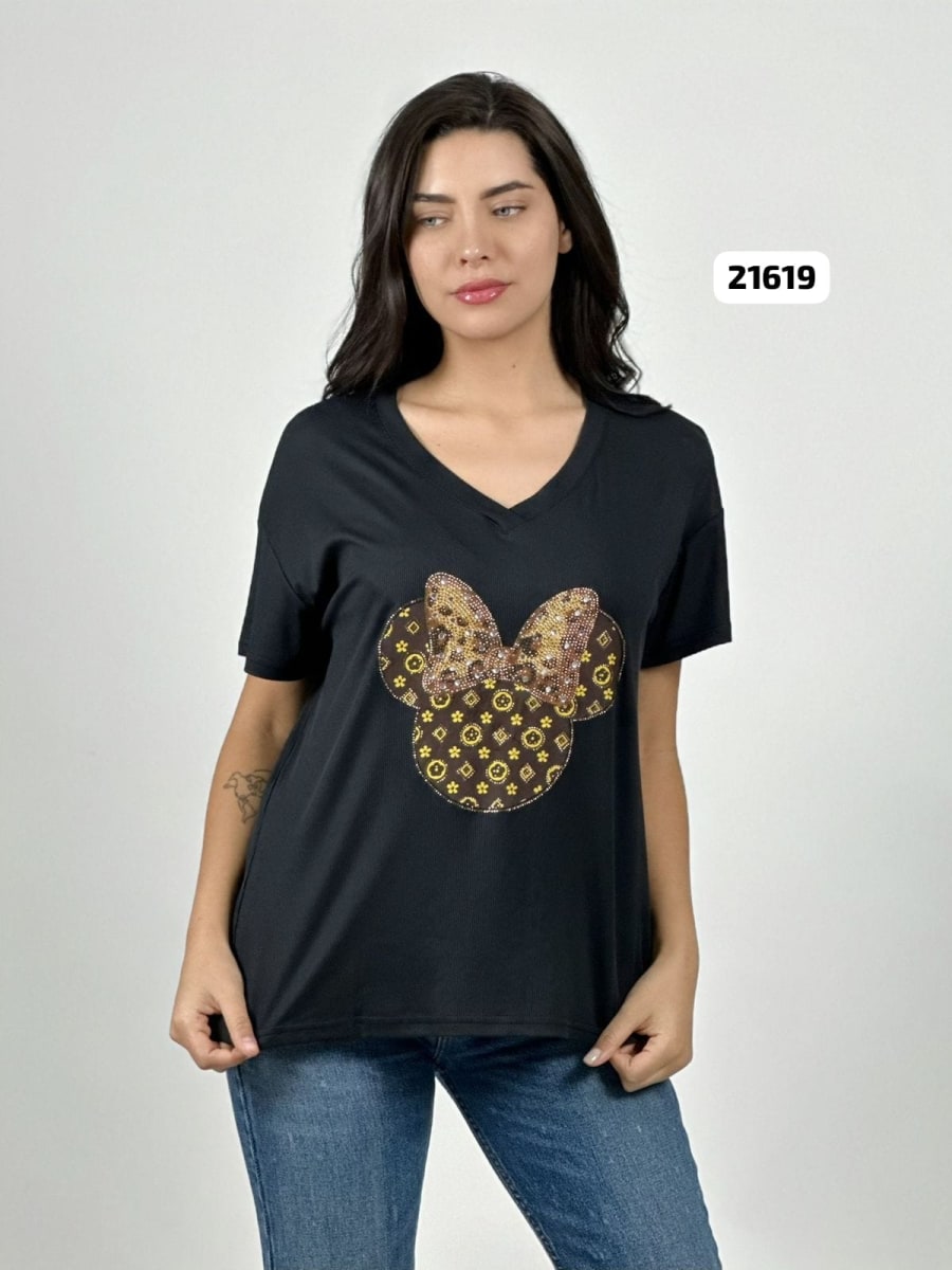 Polera Algodon Minnie Moño Print con Brillos A4-878
