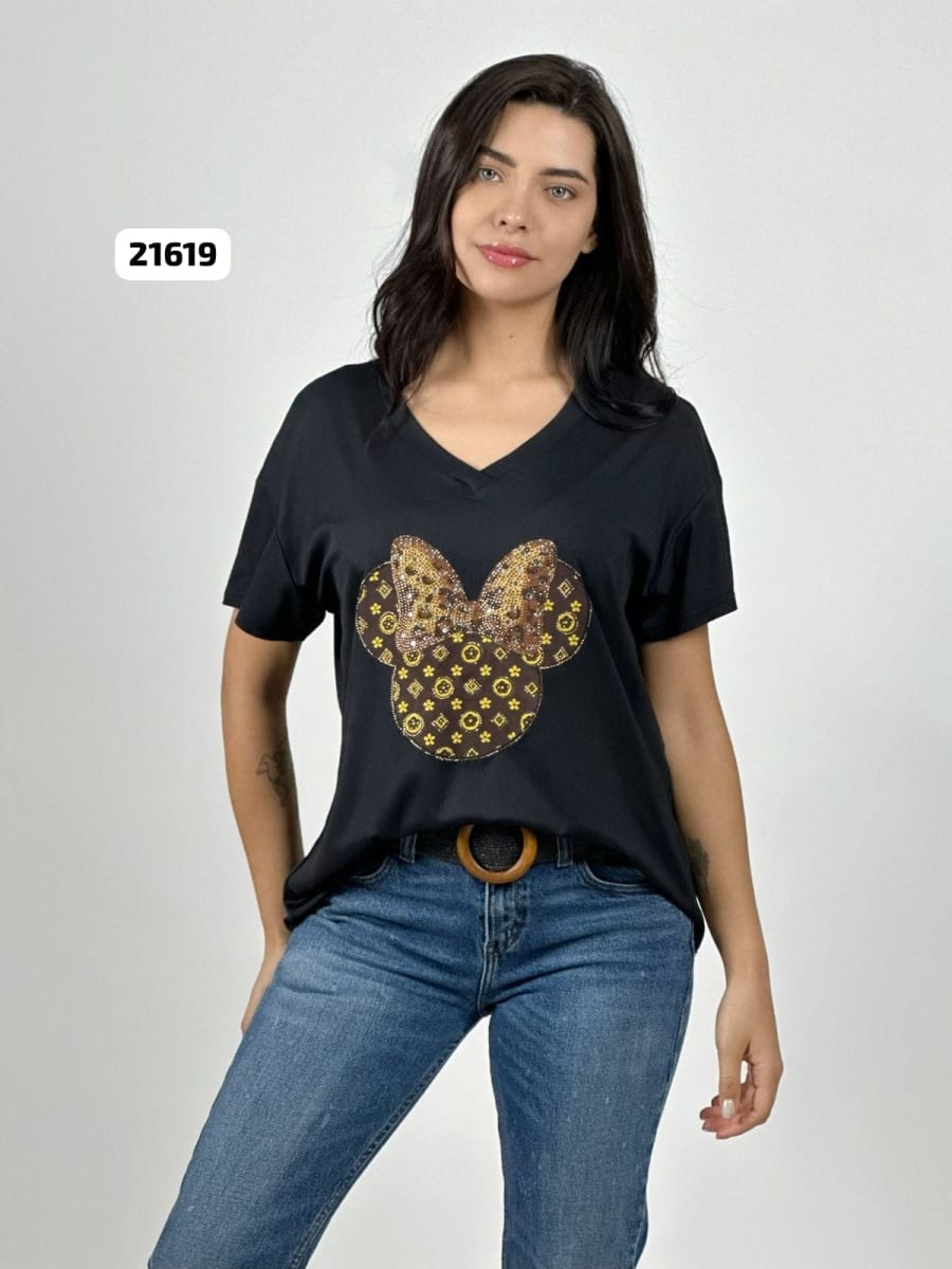 Polera Algodon Minnie Moño Print con Brillos A4-877