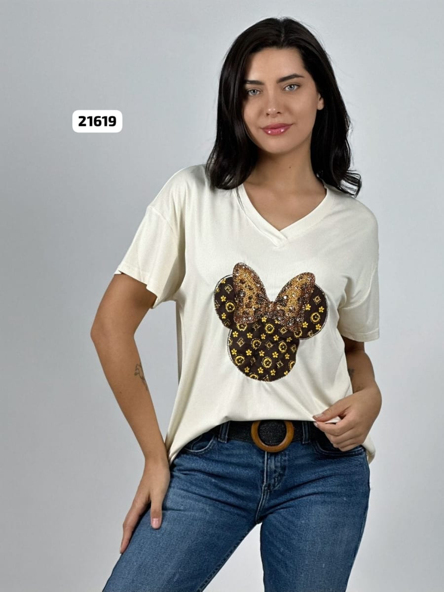 Polera Algodon Minnie Moño Print con Brillos A4-871
