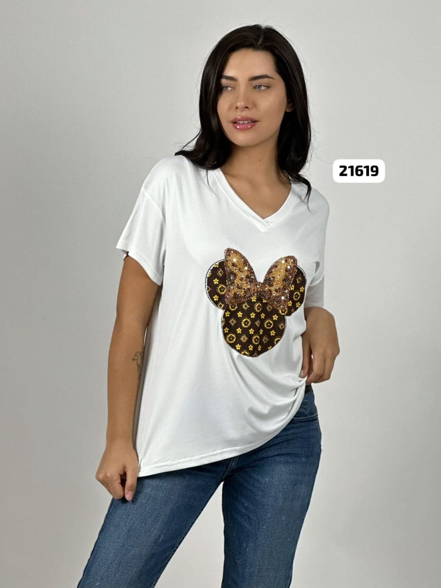 Polera Algodon Minnie Moño Print con Brillos A4-8711