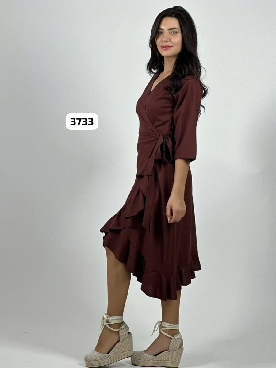 Vestido Formal Lino Amarre Cruzado C/Vuelos A3-823