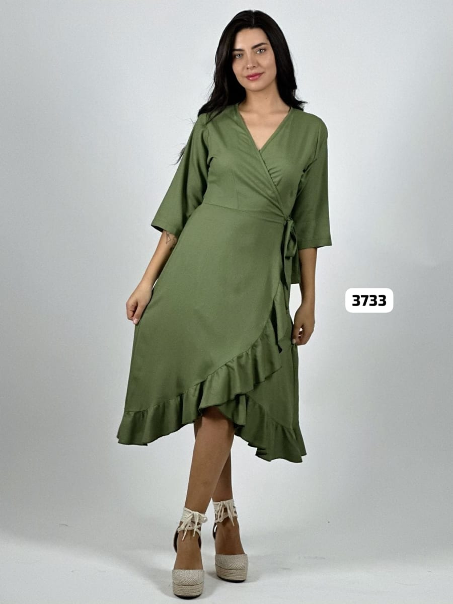 Vestido Formal Lino Amarre Cruzado C/Vuelos A3-828