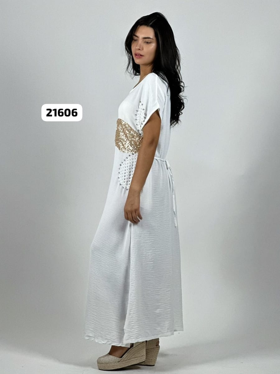 Vestido Lino Flores Costado Broderi con Brillos A4-853