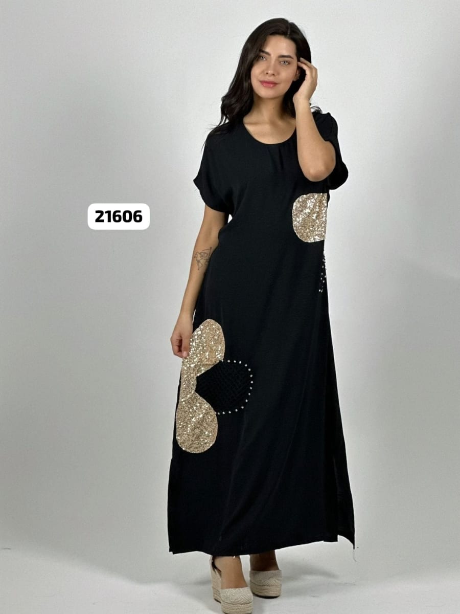 Vestido Lino Flores Costado Broderi con Brillos A4-854