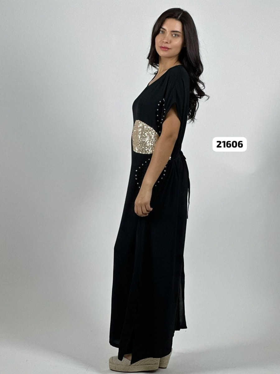 Vestido Lino Flores Costado Broderi con Brillos A4-856