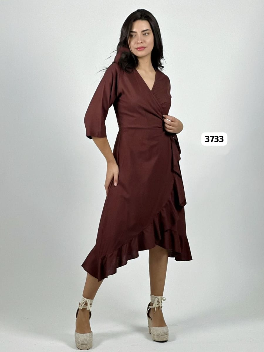 Vestido Formal Lino Amarre Cruzado C/Vuelos A3-822