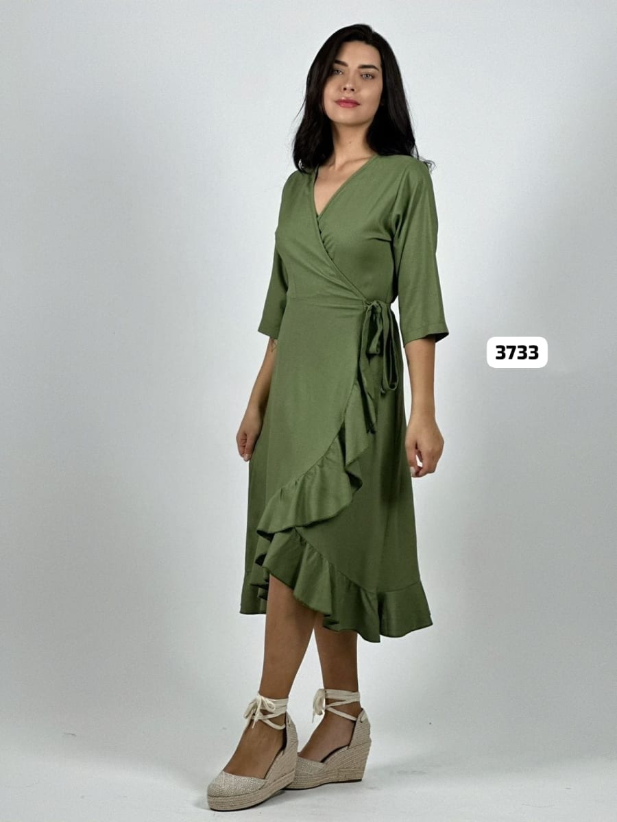 Vestido Formal Lino Amarre Cruzado C/Vuelos A3-829