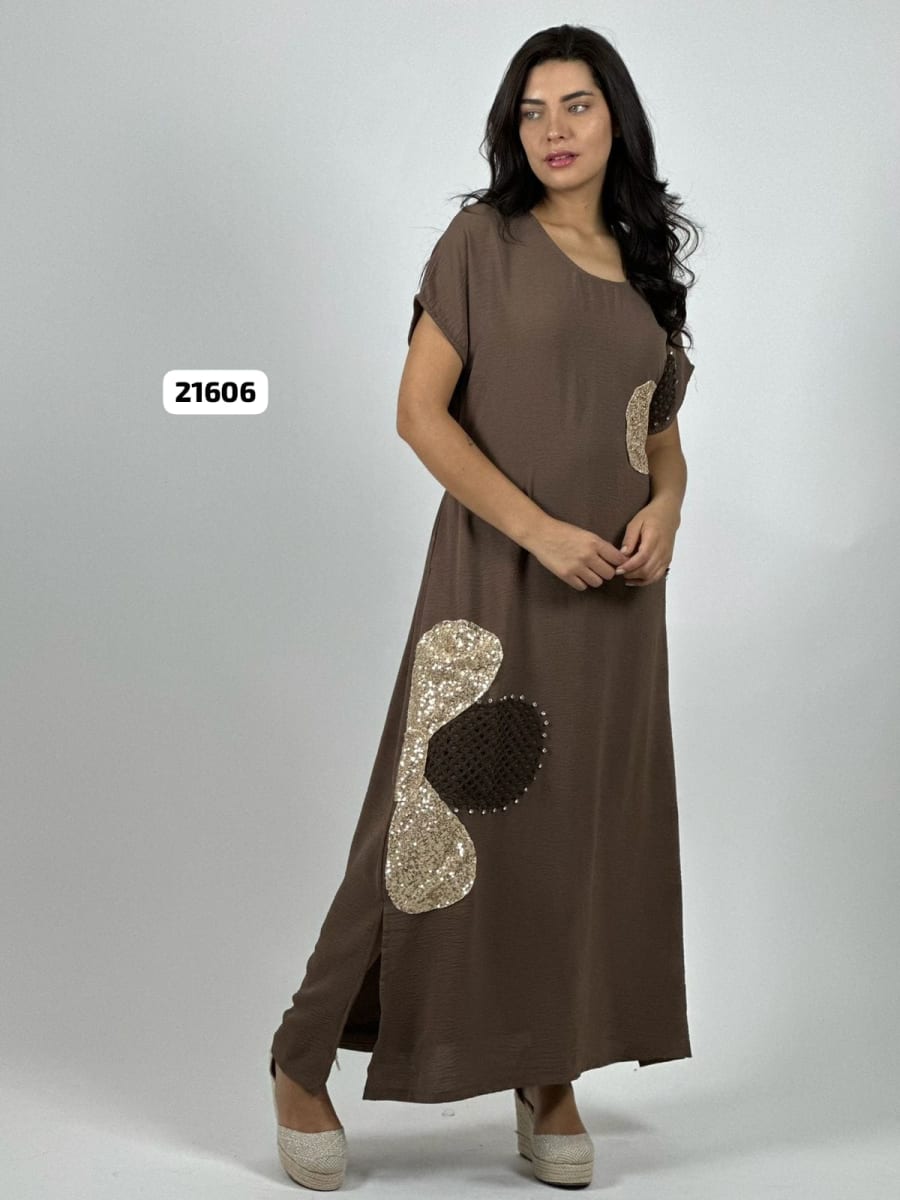 Vestido Lino Flores Costado Broderi con Brillos A4-857