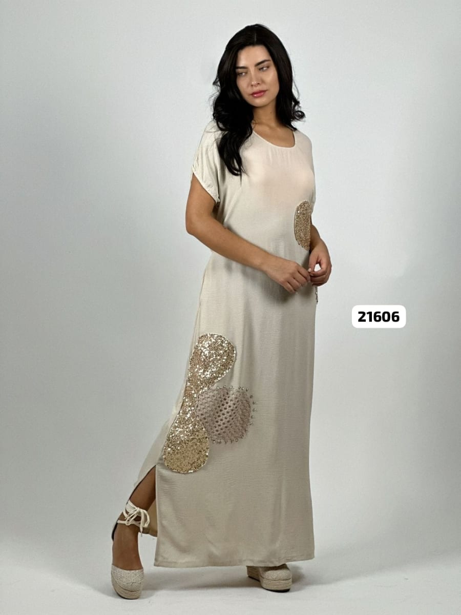 Vestido Lino Flores Costado Broderi con Brillos A4-8511
