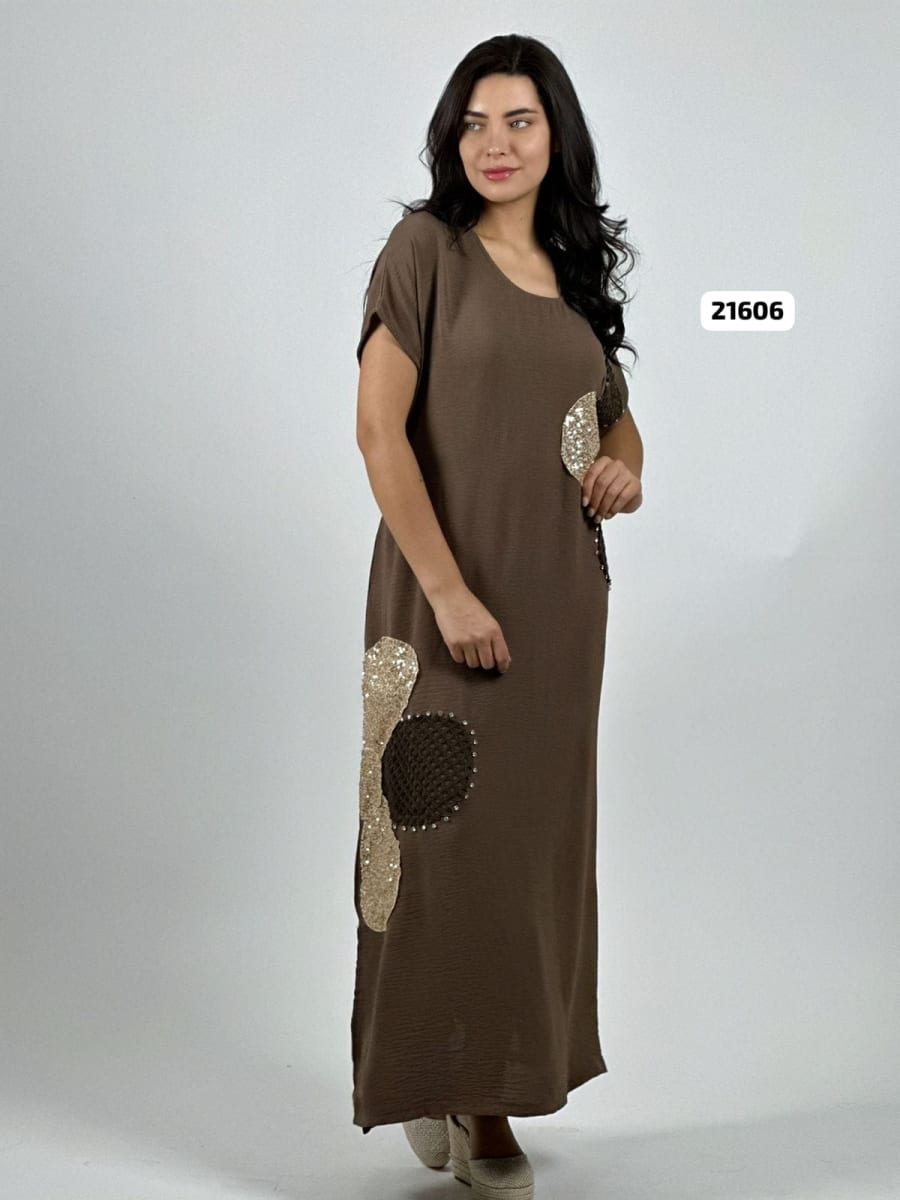 Vestido Lino Flores Costado Broderi con Brillos A4-858