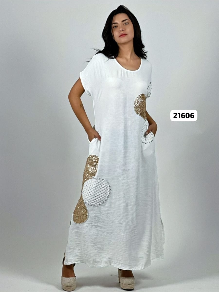 Vestido Lino Flores Costado Broderi con Brillos A4-851