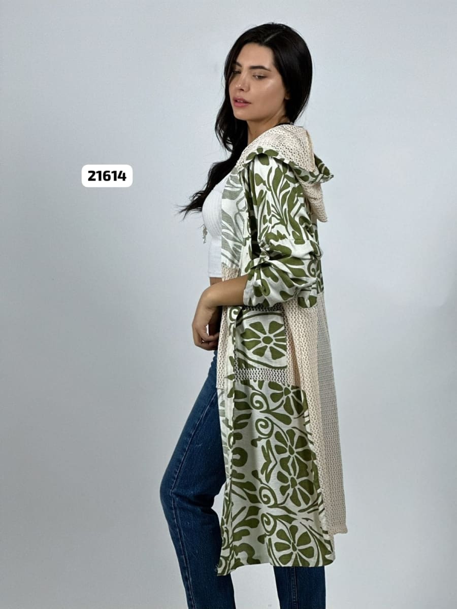 Tapado Casual Lino Tejido con Estampado Hojas A4-865