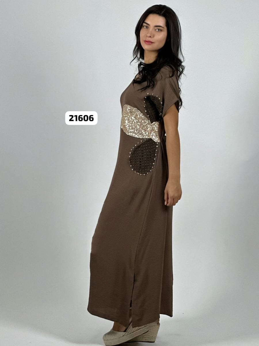 Vestido Lino Flores Costado Broderi con Brillos A4-859