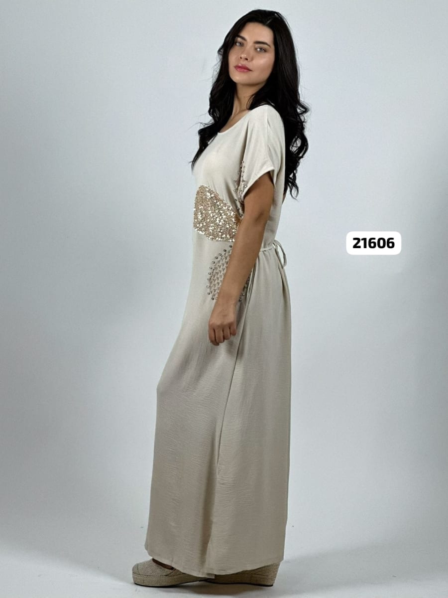 Vestido Lino Flores Costado Broderi con Brillos A4-8512