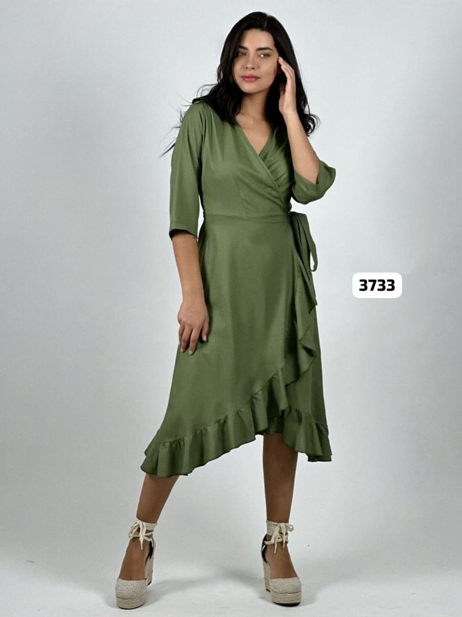 Vestido Formal Lino Amarre Cruzado C/Vuelos A3-8210