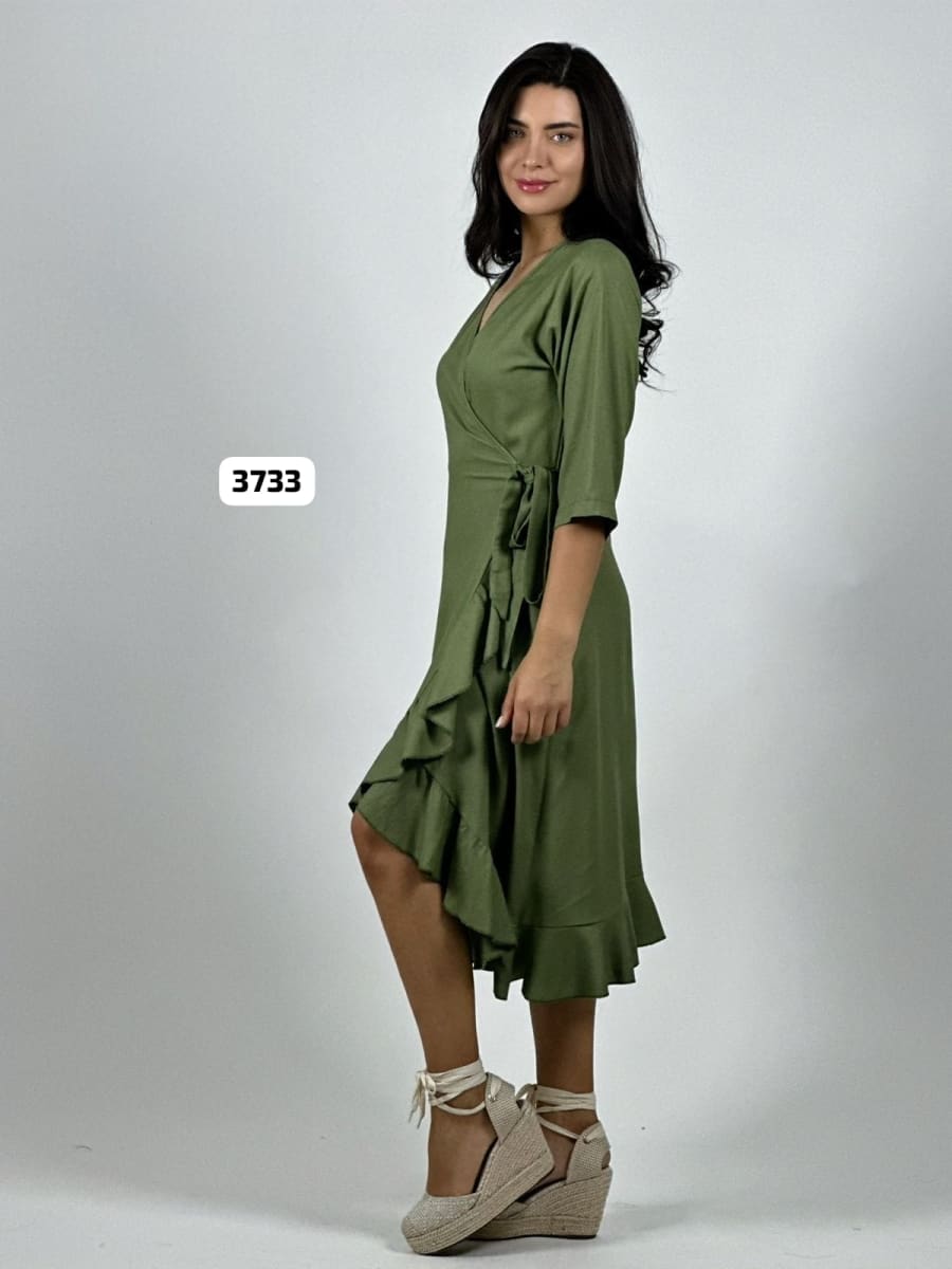 Vestido Formal Lino Amarre Cruzado C/Vuelos A3-8211