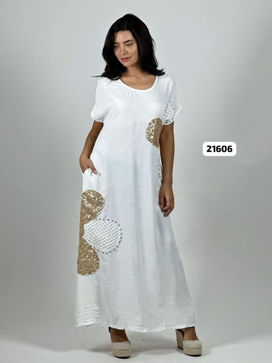 Vestido Lino Flores Costado Broderi con Brillos A4-852